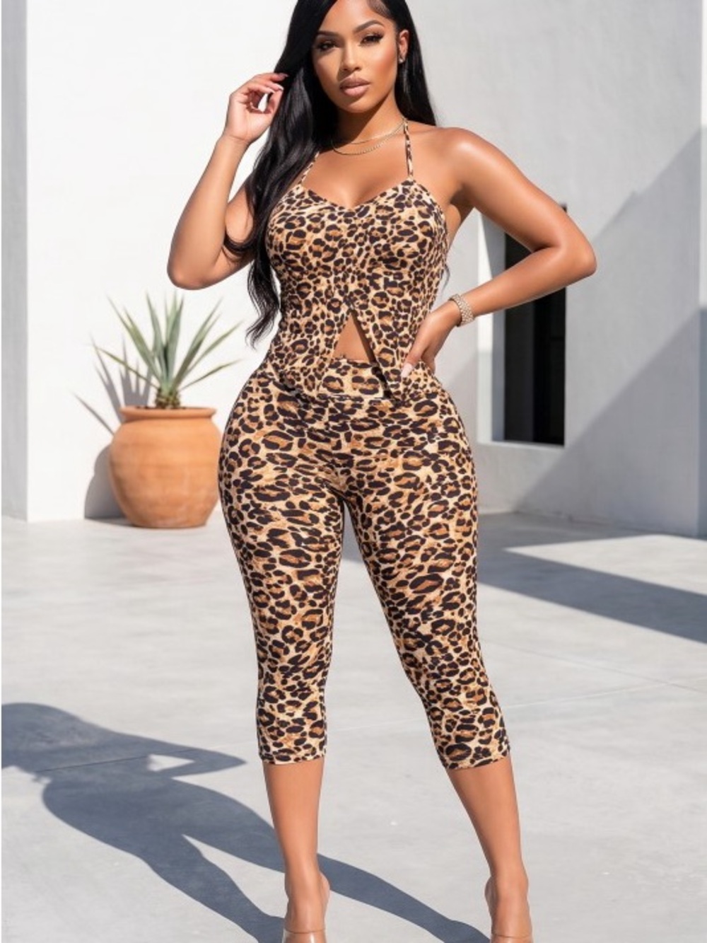 Leopard Print Halter Jumpsuit - Brown ST-73024